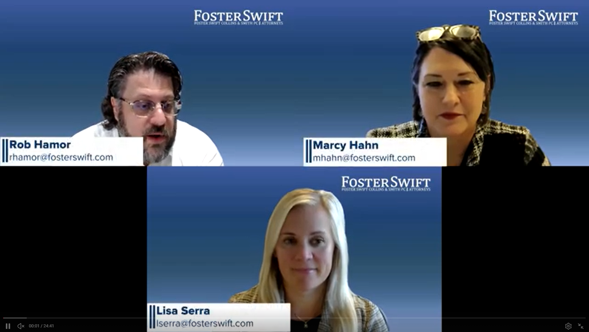Screenshot of three attorneys on Zoom screen with Foster Swift Blue Background