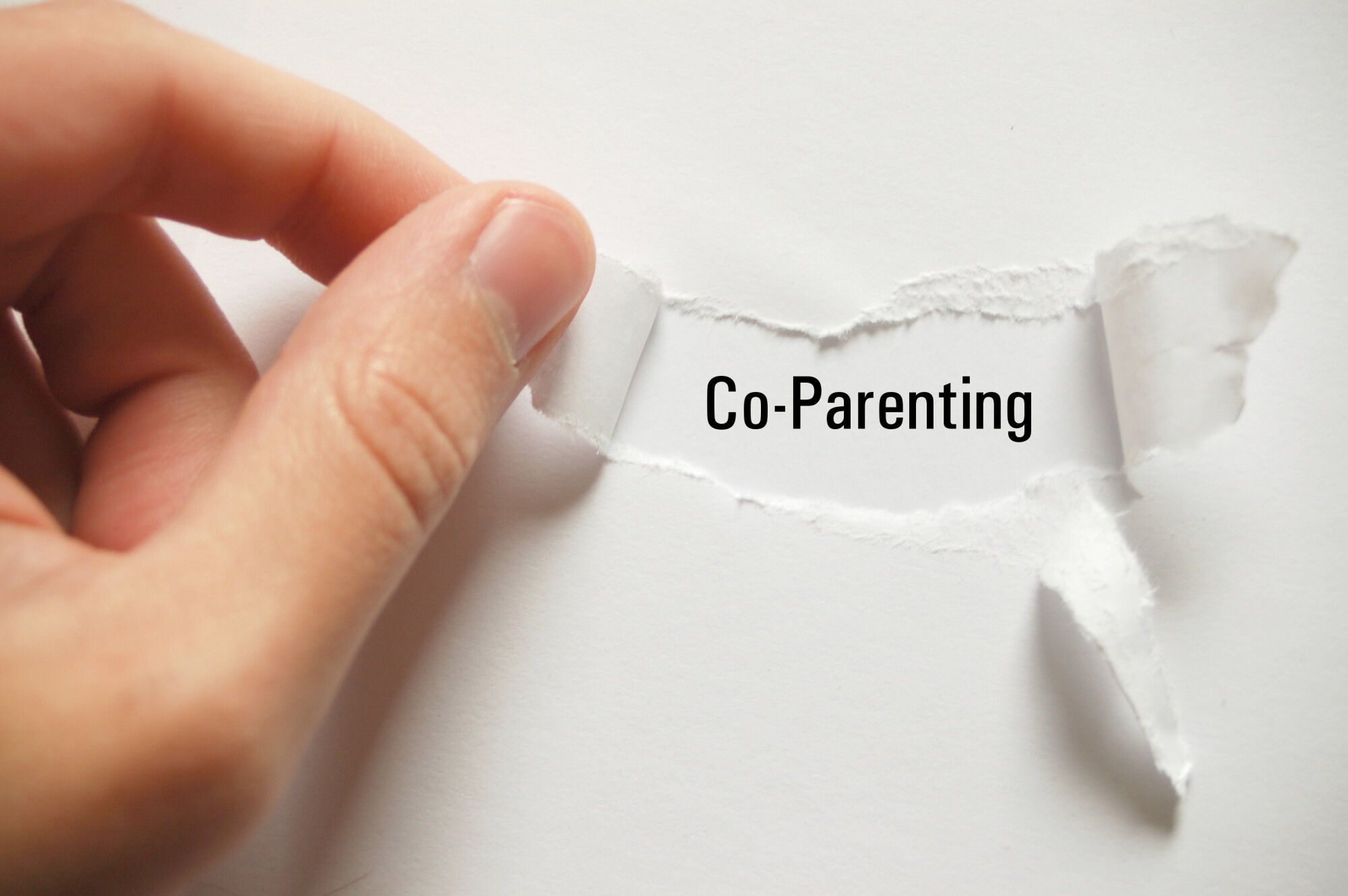 Hand reaches on white background and tears away piece to reveal words "Co-Parenting